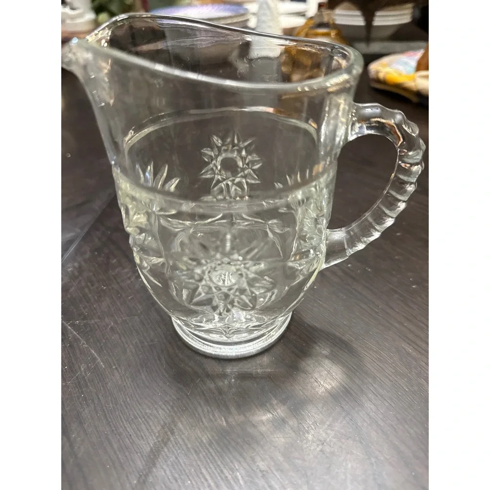Vintage Clear Pressed Glass Pitcher‎ Starburst Thumbprint Pattern Small 5.25in